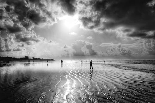 Anonymous people enjoying sunset on sandy seashore