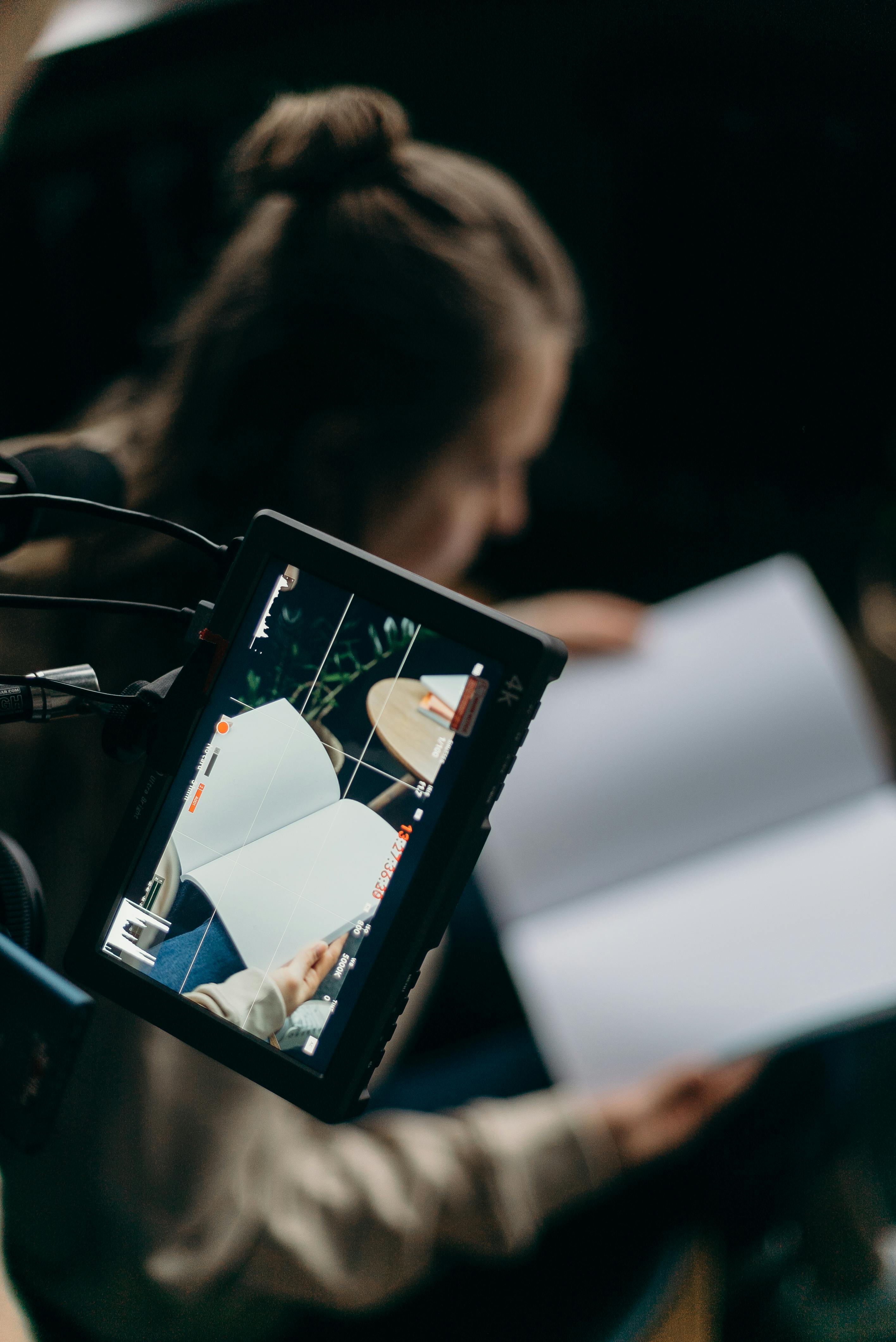 A close-up shot of a camera screen displaying an open book held by an adult indoors.