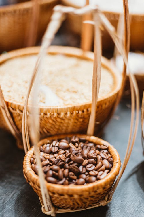 Free Coffee Beans on Brown Wicker Basket Stock Photo