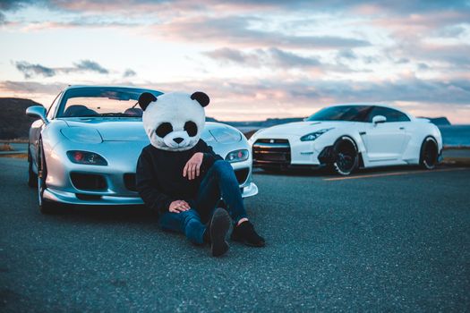 A person in a panda costume sitting by two luxury cars at twilight.