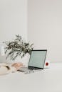 这个工作空间很时尚，白色办公桌上配有笔记本电脑、绿色植物和现代装饰