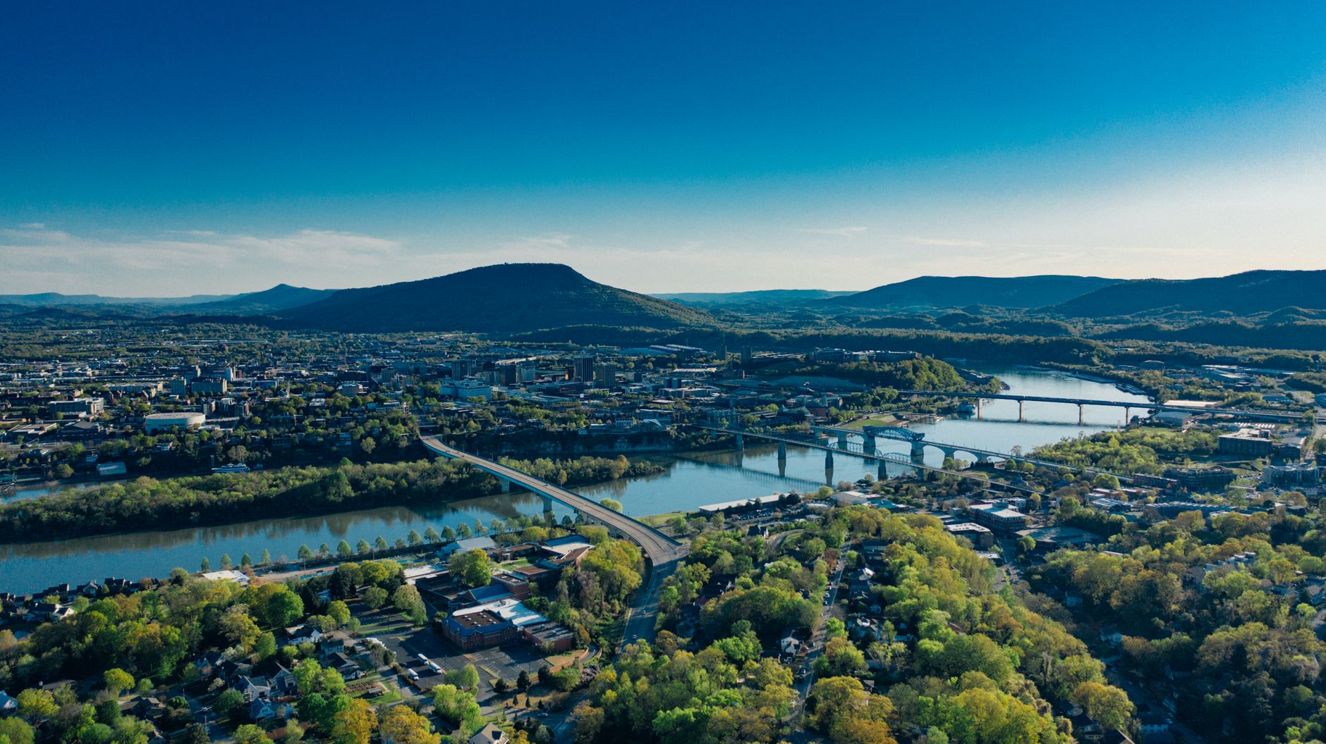 Breathtaking aerial view of Chattanooga, TN, showcasing the river and scenic landscapes.