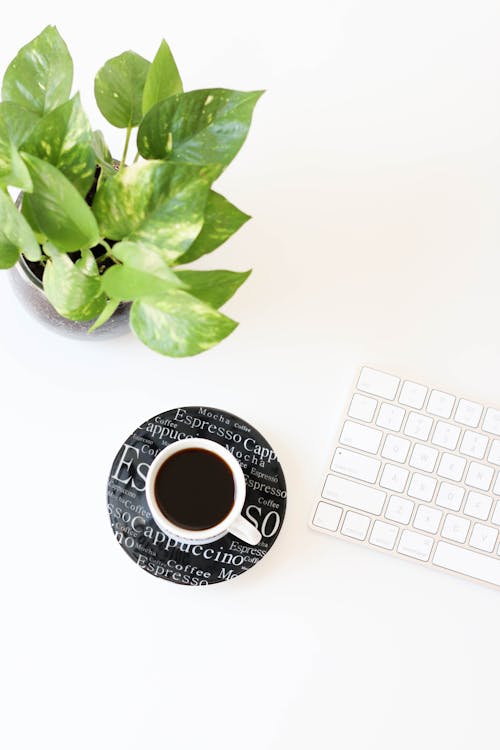 White and Black Ceramic Mug Beside White Apple Keyboard