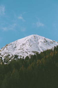 Serene winter mountain scenery with a snow-capped peak under a clear blue sky.