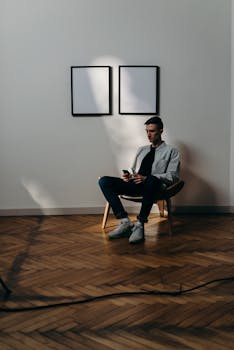 A man sits on a chair using his smartphone in a minimalist home office with blank frames on the wall.