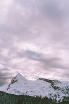 Peaceful winter landscape featuring snow-capped mountain peaks under a cloudy sky, perfect for nature lovers.