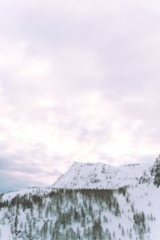 Serene snow-covered mountain with cloudy sky, offering a peaceful winter scene.