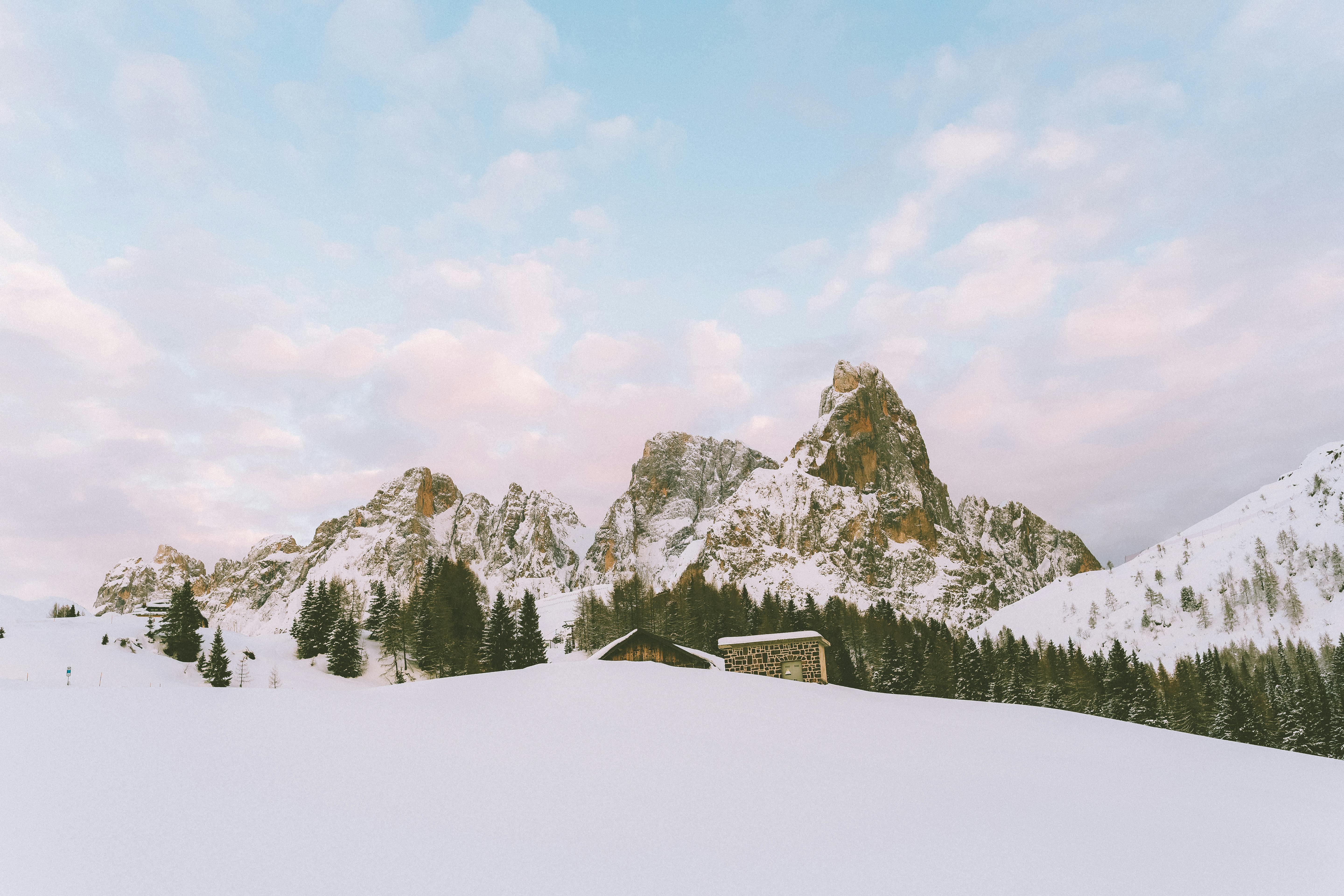 Prescription Goggle Inserts - Tranquil winter scene of snow-capped mountains with pine trees and cloudy sky.