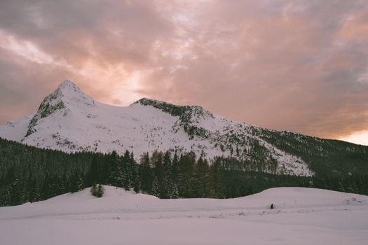 在日落时分充满活力的天空下，可以欣赏到白雪皑皑的山脉和森林那令人惊叹的景色