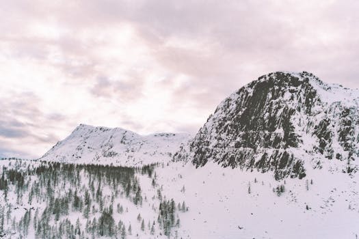 Serene snow-covered mountain landscape under a softly cloudy sky, capturing winter tranquility.