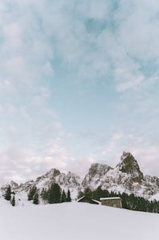 A tranquil winter mountain scene with snow-covered peaks and a serene sky, perfect for nature enthusiasts.