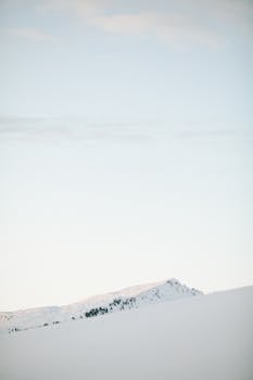 A peaceful winter scene featuring a snow-covered mountain under a clear sky.