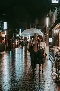 A couple walks under an umbrella in a rainy Kyoto street, showcasing city life at night.