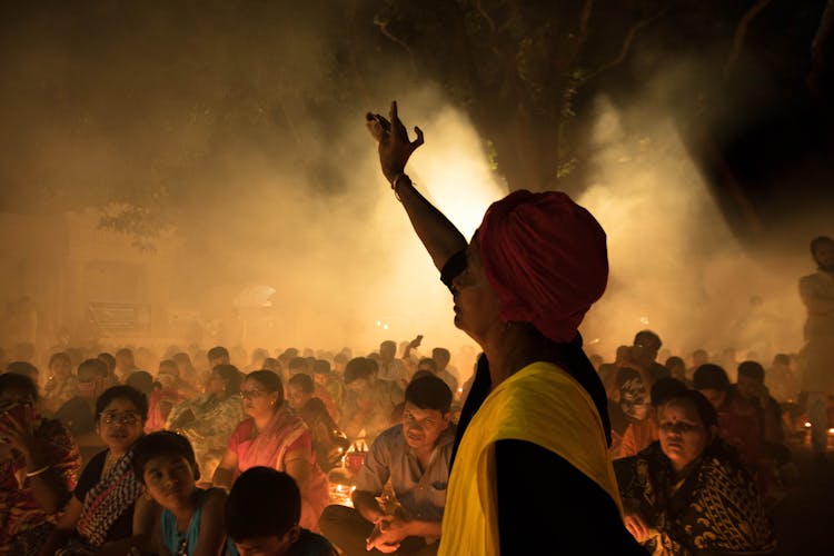 Crowd Of Ethnic People On Street During Indian Religious Festival At Night