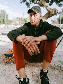 Man in casual streetwear sitting outdoors, showcasing urban style and attitude.