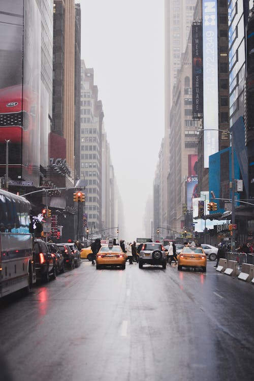 Cars on Road Between High Rise Buildings