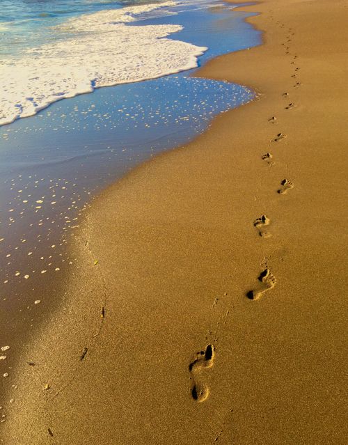Free Footprints leading to the ocean waves on a sandy beach, capturing a serene summer moment. Stock Photo
