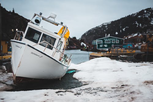 White and Blue Boat on Shore