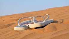 阳光明媚的沙漠沙滩上放着一双人字拖，象征着夏季之旅