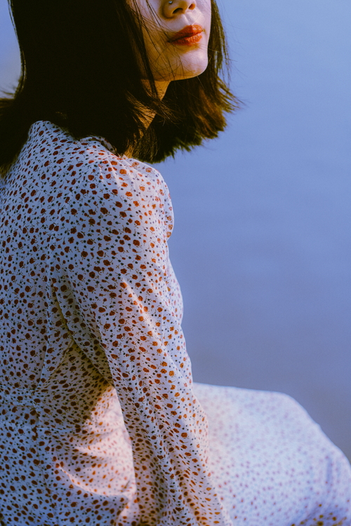 Free Artistic portrait of an Asian woman in a floral dress with soft lighting. Stock Photo