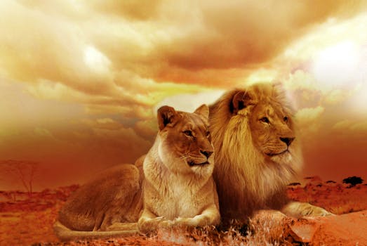 Lion and Lioness Under White Sky during Sunset