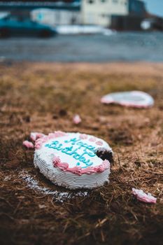 A fallen birthday cake rests on the grass, adding a whimsical touch to the autumn landscape.