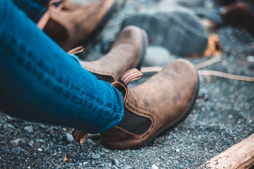 Person in Blue Denim Jeans and Brown Leather Shoes