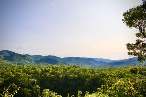 Free A stunning aerial view of lush green mountains and forests under a clear blue sky, captured in summer. Stock Photo