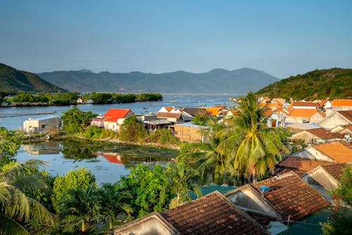 Houses Near Lake and Mountain