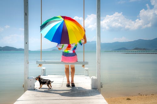 Woman Sitting on Wooden Swing Holding a Rainbow Umbrella