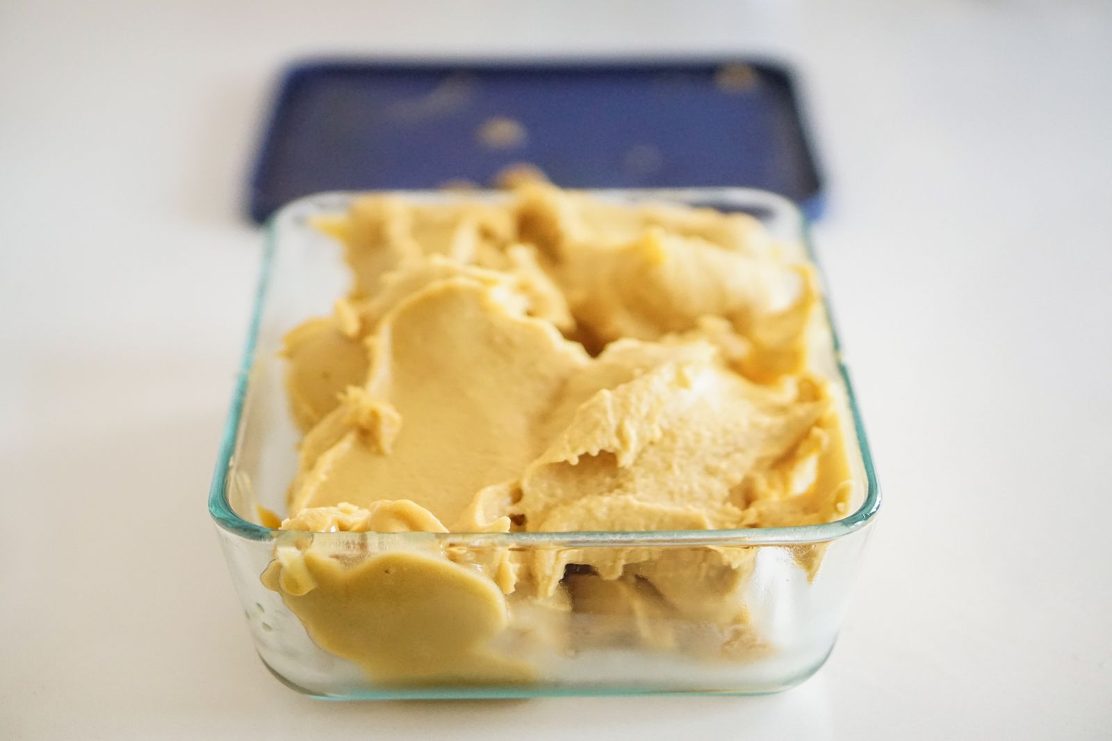 Ice cream stored in a clear glass container