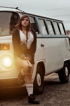 A fashionable young woman poses outdoors leaning against a vintage van in daylight.
