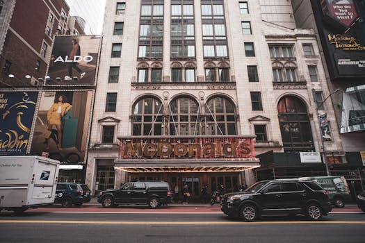 Lively scene outside McDonald's in the bustling New York City street, showcasing urban life.