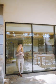 Woman stands with coffee outside a modern glass-walled building, basking in relaxation.