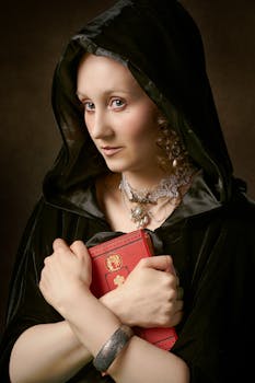 A woman in a hooded cloak holding a book with religious themes, set against a dark background.
