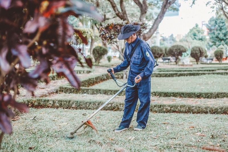 Gardener trimming grass in a park
