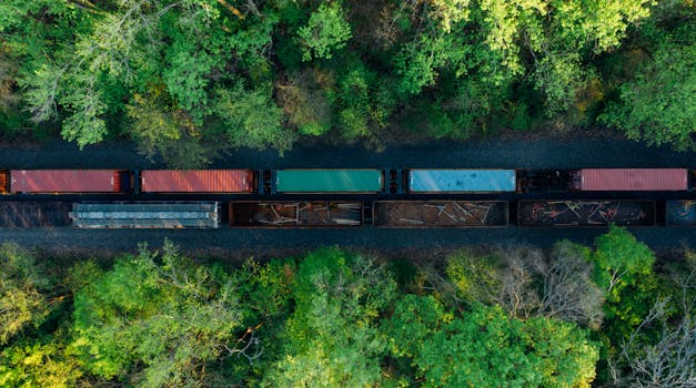 Aerial perspective of a freight train traveling through a lush forest, capturing detailed train car colors.