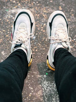 Close-up of sporty sneakers on urban pavement, reflecting a modern lifestyle.