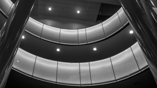 Grayscale Photo of a Ceiling Interior Design of a Building