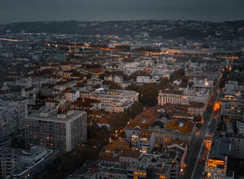 Aerial View of City Buildings during Night Time