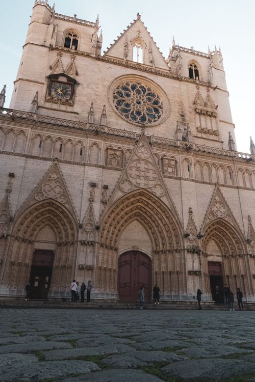 Free Saint Jean Baptiste Cathedral facade showcasing Gothic architecture in Lyon, France. Stock Photo