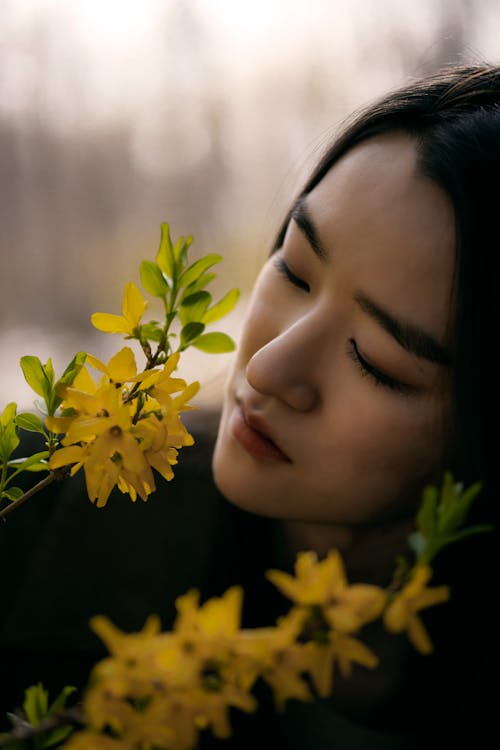 Free Woman Smelling Yellow Flowers Stock Photo