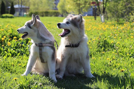 Two Siberian Huskies sitting in a green field under the sun, showcasing their playful and friendly nature.