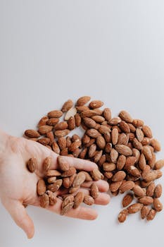 A hand holding raw almonds on a white background, showcasing healthy snack options.