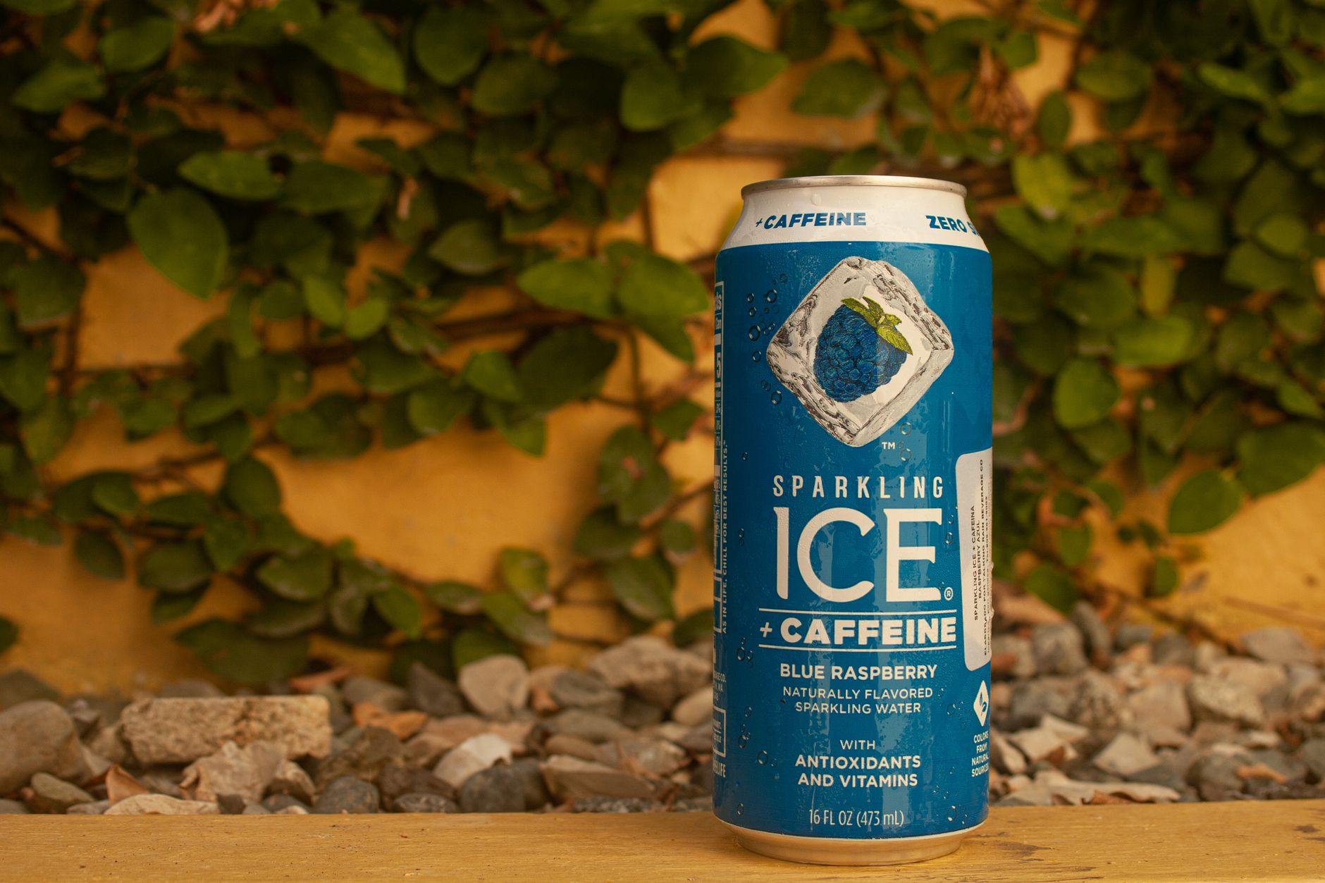 Variety of flavored caffeinated sparkling water cans on table