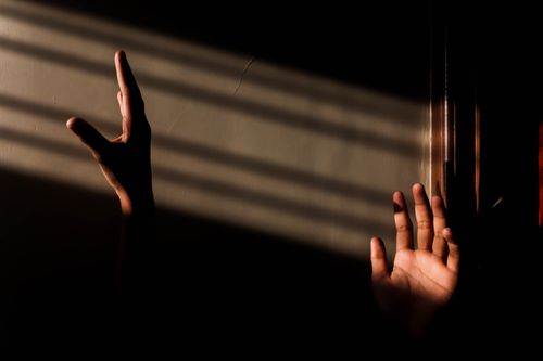 Free Dramatic interplay of hands and shadows against a sunlit wall indoors. Stock Photo