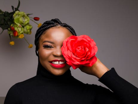 一位手持红玫瑰、面带微笑的女性肖像，展现了美丽与欢乐