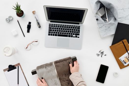 Minimalist designer workspace with laptop and accessories. Perfect for creativity and productivity.