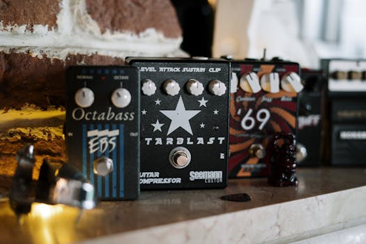 A detailed view of various guitar pedals, perfect for music lovers and musicians.