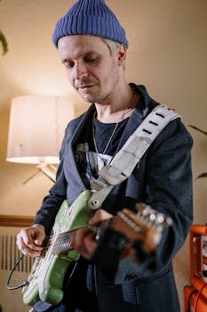 A musician in a blue beanie plays an electric guitar at home, creating a cozy ambiance.